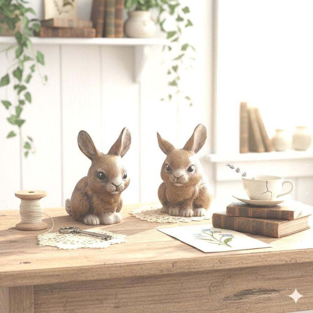 Vintage Hand-Painted Ceramic Bunny Pair – Cottagecore Nursery Decor